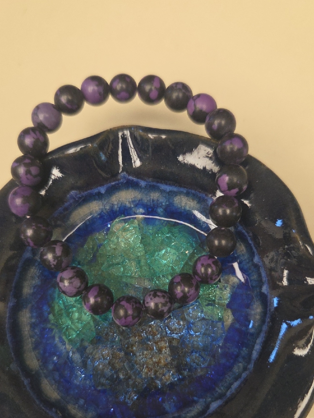 Purple and Black Beaded Stretch Bracelet